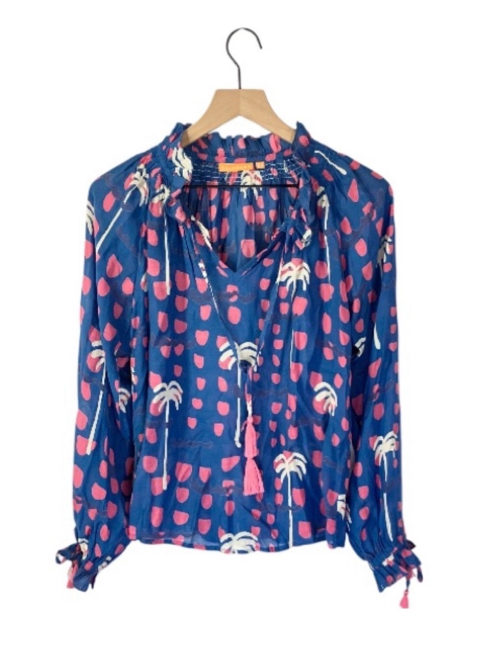 Oliphant blue, pink and white cotton blouse with tassles, Size XS